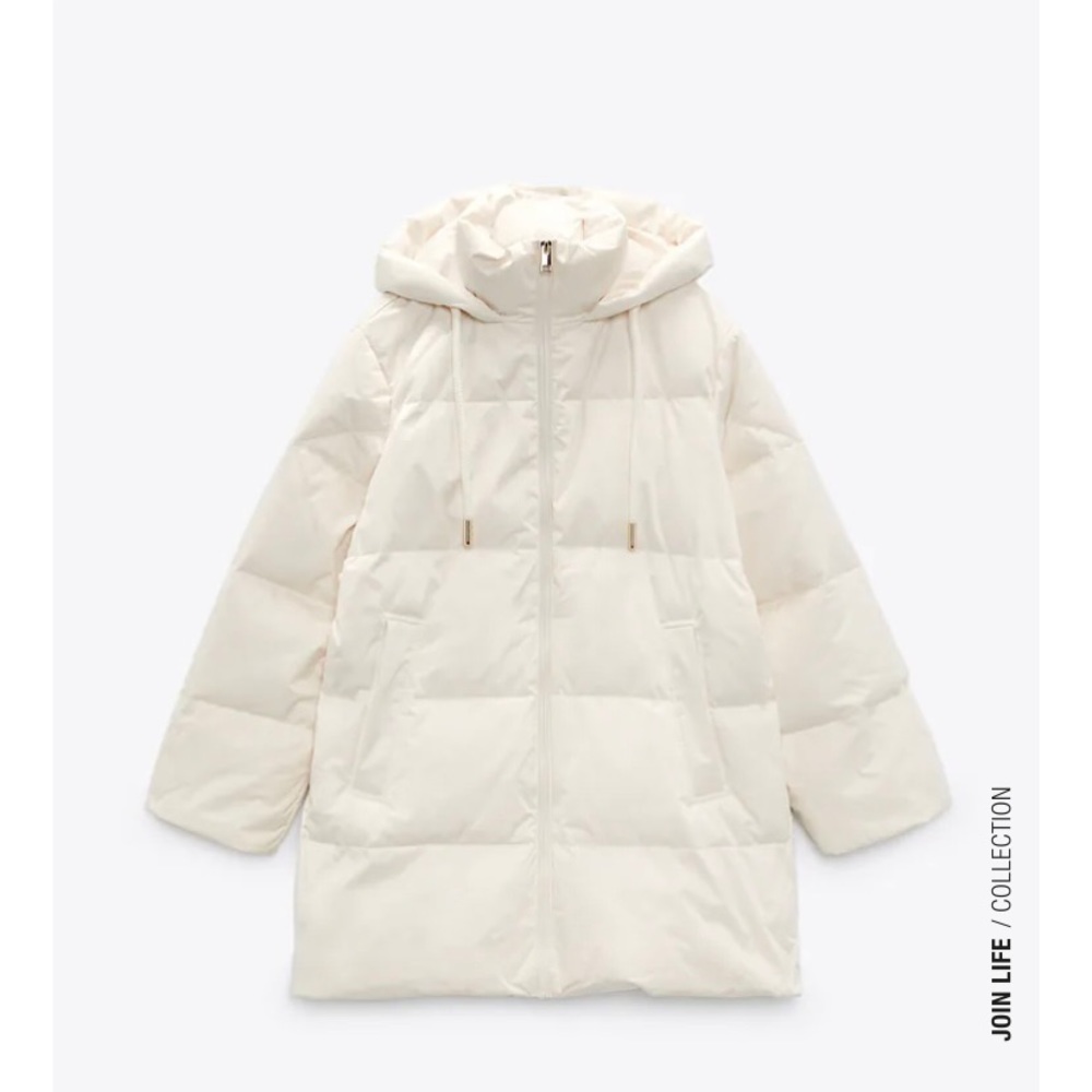 Zara WATER AND WIND PROTECTION HOODED DOWN COAT White Puffer Jacket